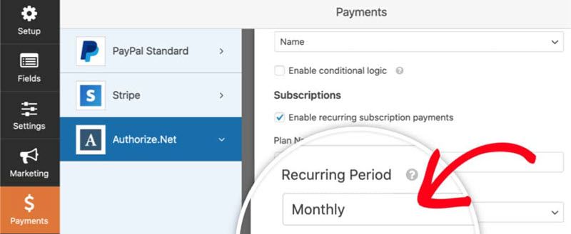 payments authorize.net set recurring period monthly