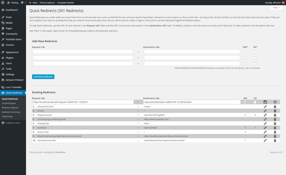 quick page or post redirect plugin setup page