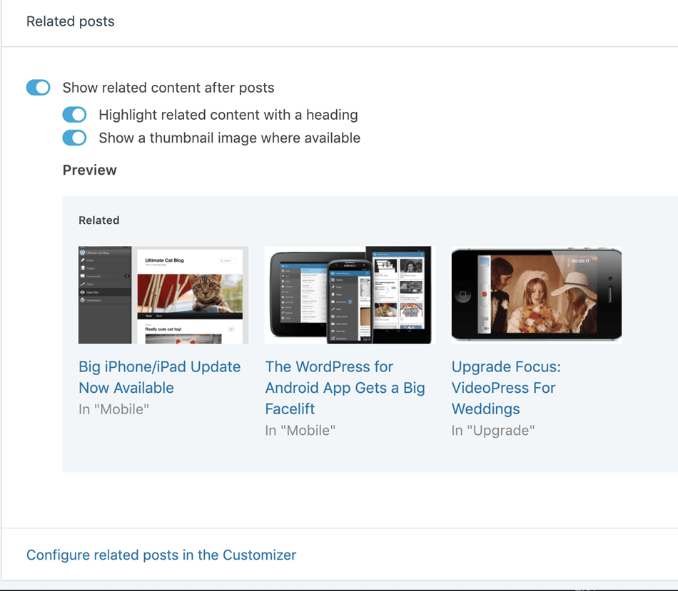 related post plugin by jetpack configure related post in the customizer
