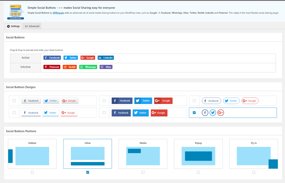 simple social buttons social sharing settings