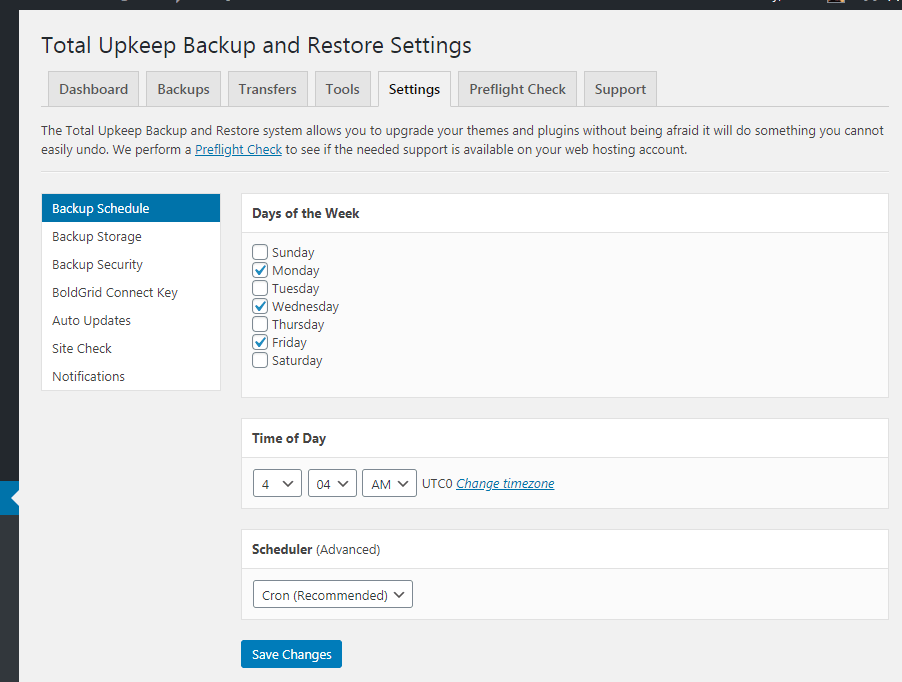 total upkeeep wordpress backup and restore settings backup schedule