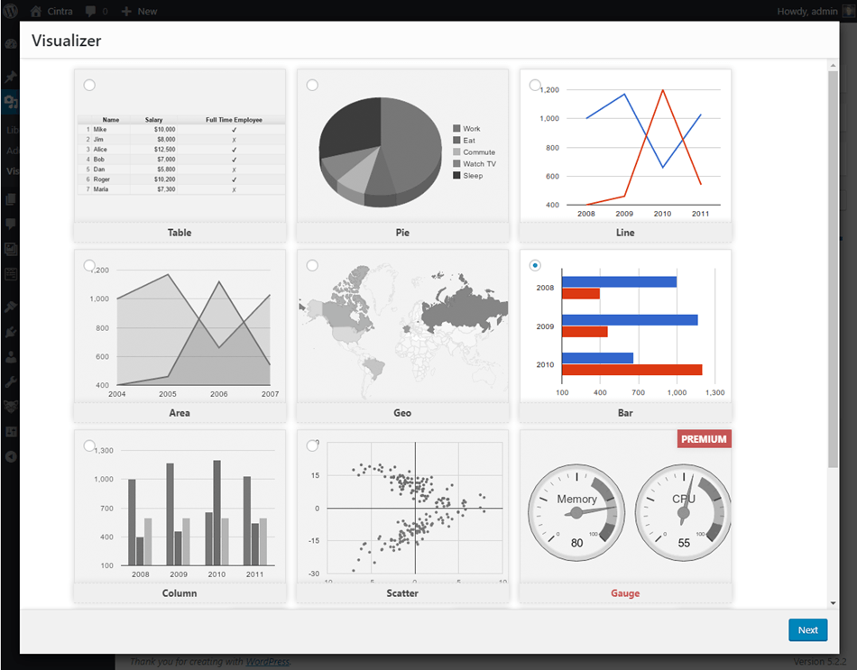 visualizer table and charts for wordpress chart selection