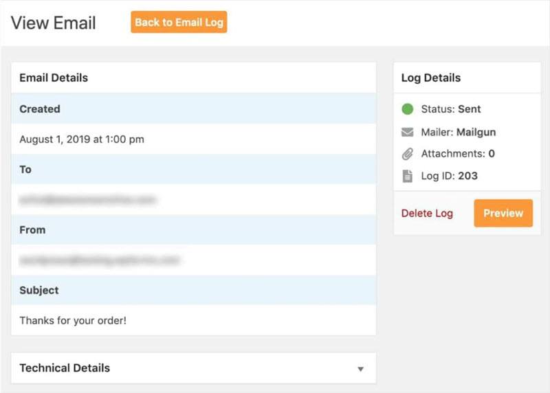 WordPress Email Log view individual email log details