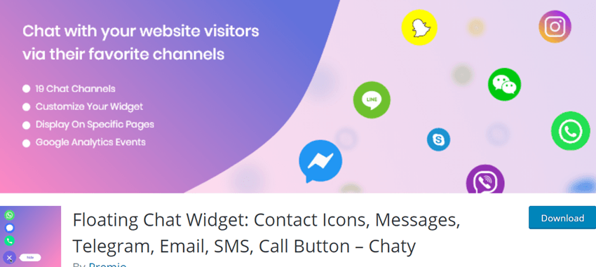 Floating Chat Widget- Contact Icons, Messages, Telegram, Email, SMS, Call Button – Chaty