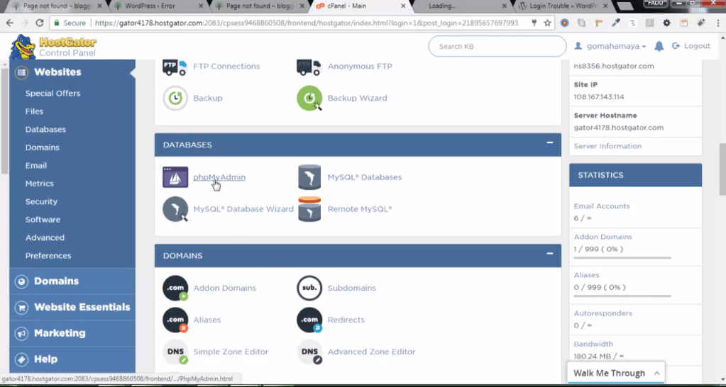 HostGator control panel phpMyAdmin