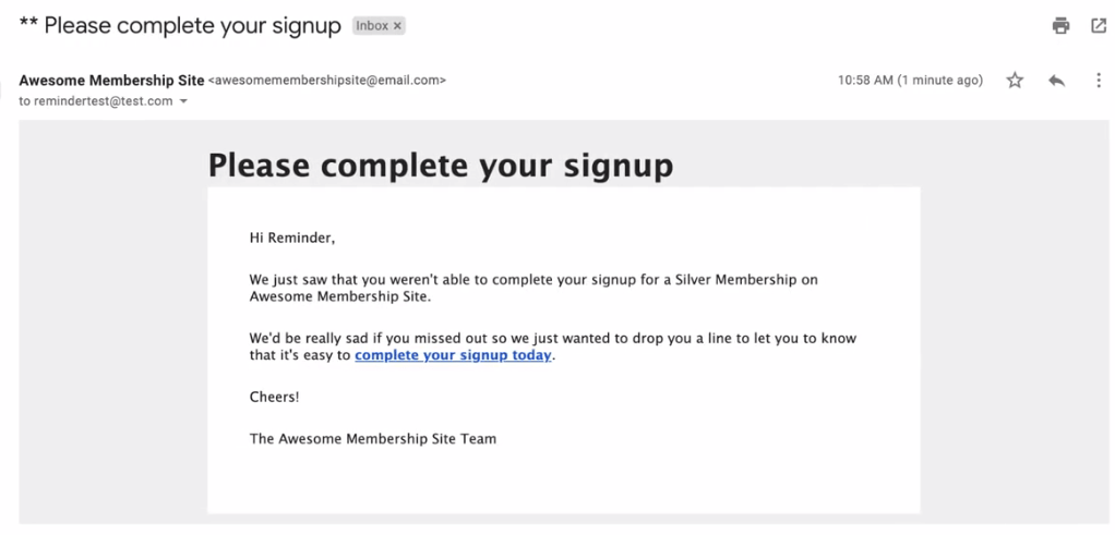 Incomplete signup email reminder