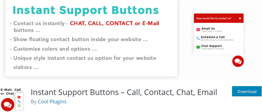 Instant Support Buttons – Call, Contact, Chat, Email