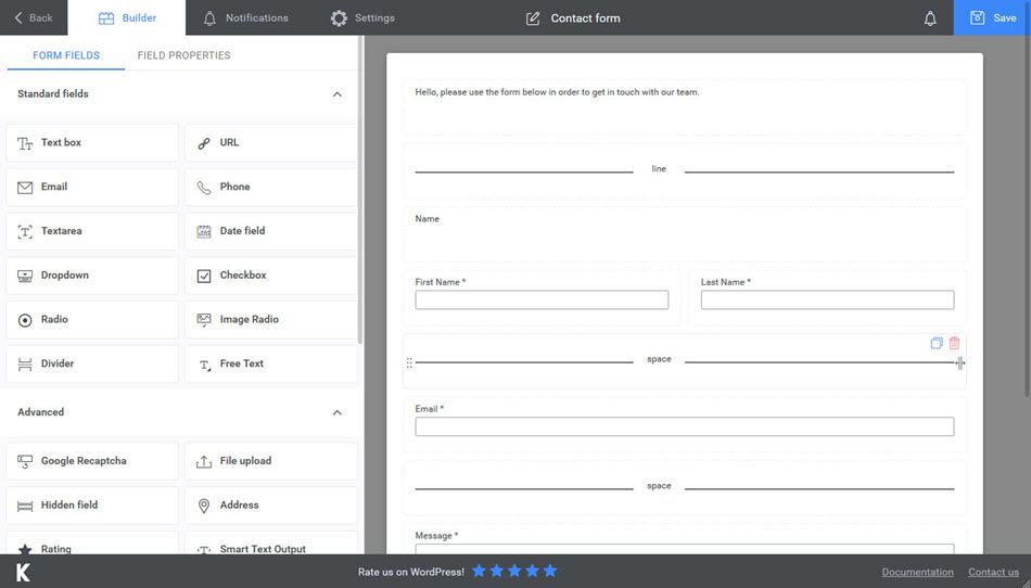 Kali forms contact form builder with drag and drop for WordPress