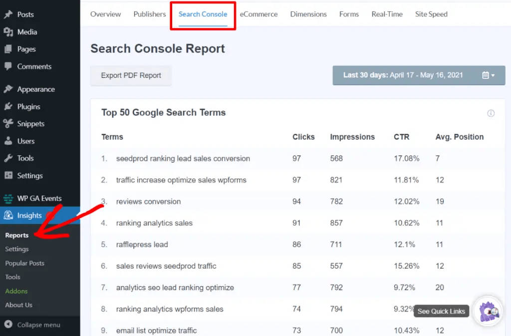 Monsterinsight WordPress dashboard insights reports search console top google search terms