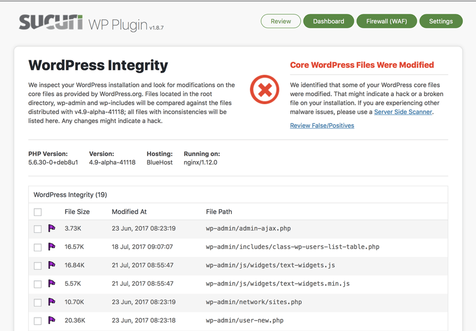 Sucuri Security scanner auditing malware scanner and security hardening WordPress integrity tool detects add and remove files