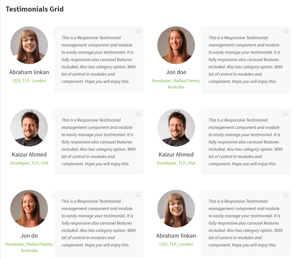 Testimonial slider and showcase grid layout plugin