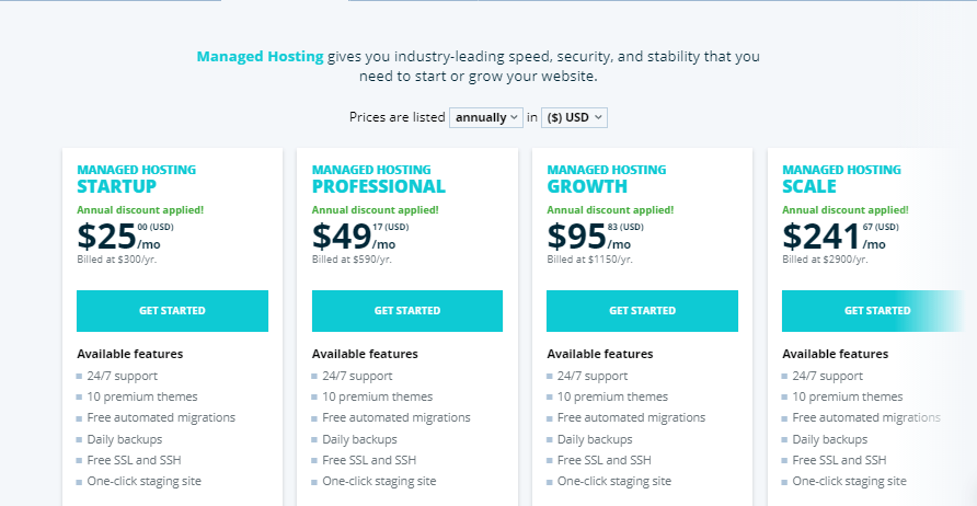 WP Engine managed hosting pricing