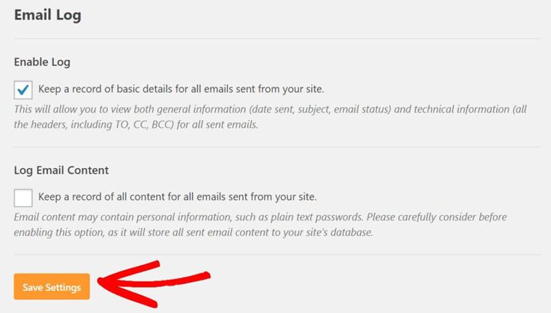 WP Mail SMTP email log enable log and log email content save settings