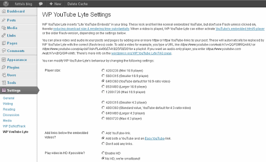 WP YouTube lite wordpress plugin settings