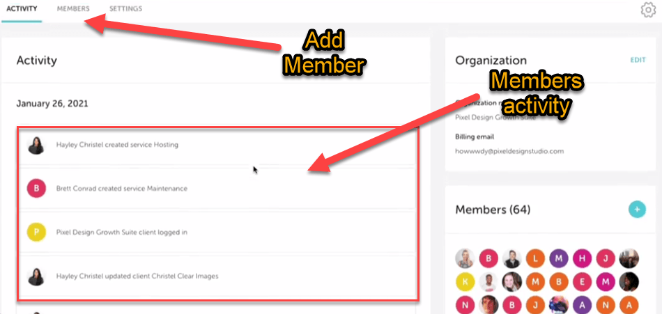 activity of members in growth suit dasboard