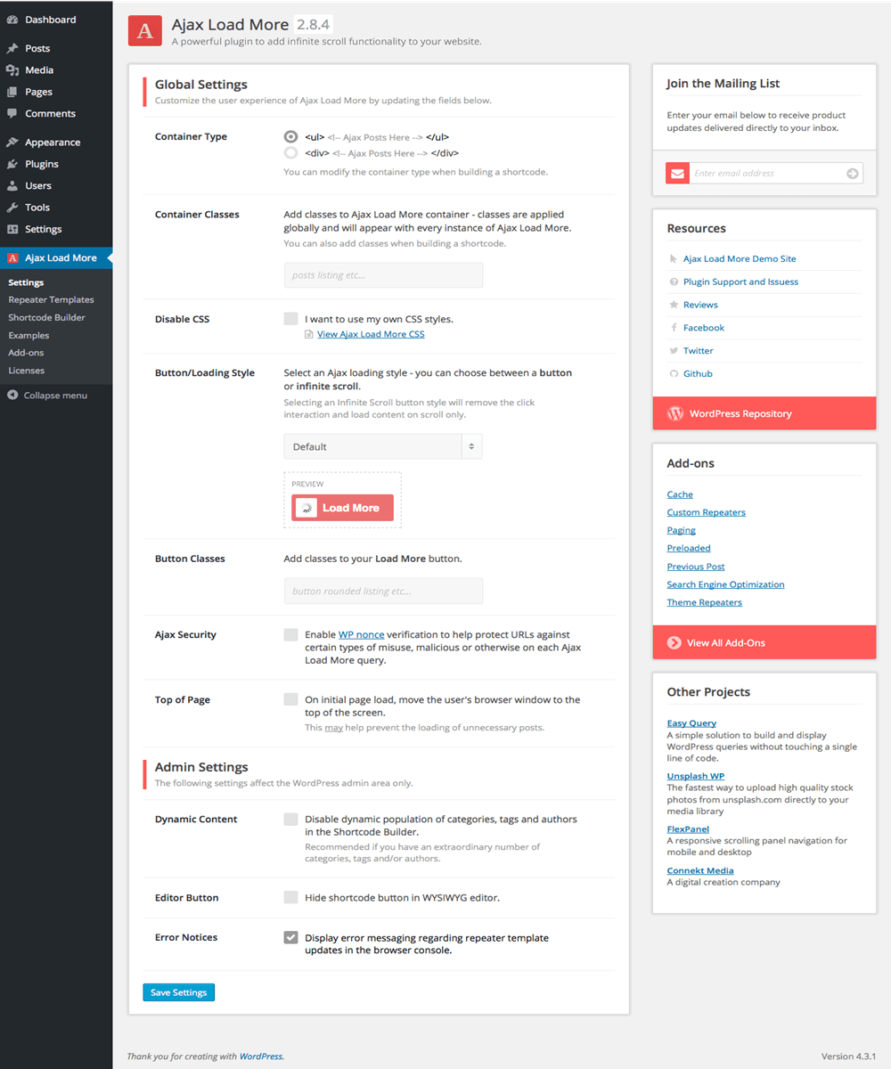 ajax load more wordpress infinite scroll plugin settings screen