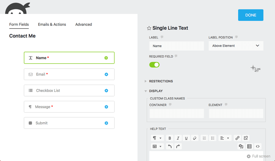 ninja form contact form fields