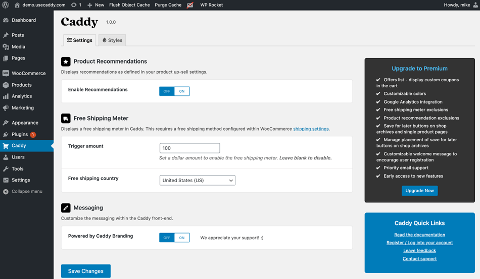 Caddy Product Recommendation & Shipping Meter