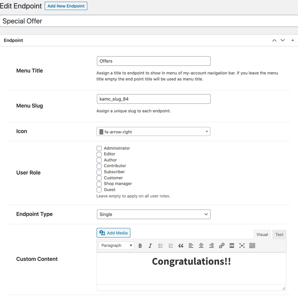 Creating new my account menu endpoint