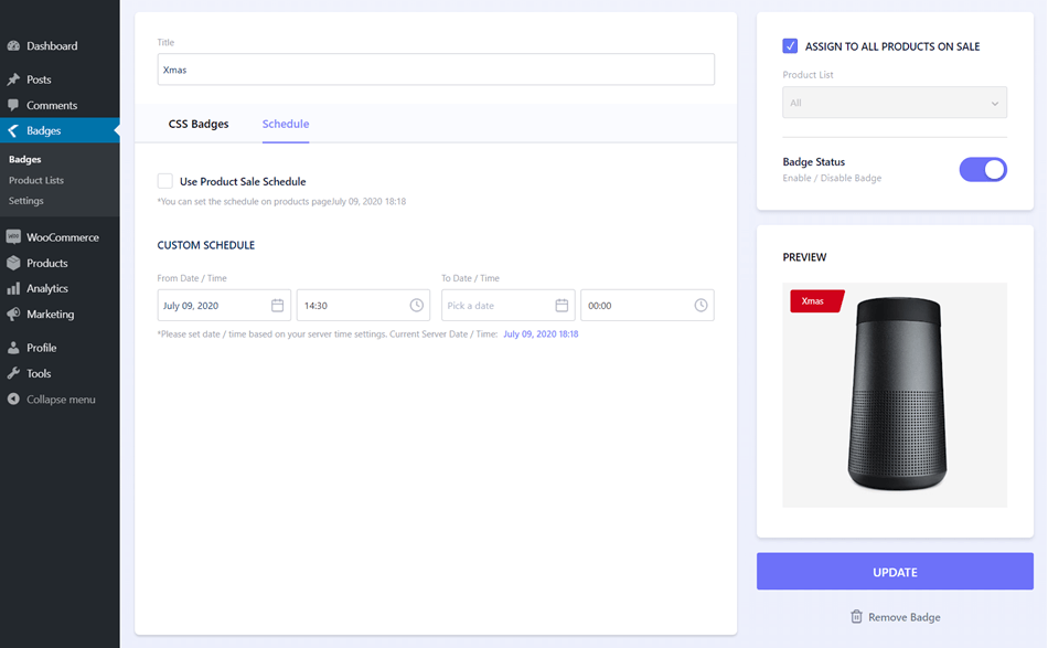 Custom Schedule WooCommerce Badge Setting