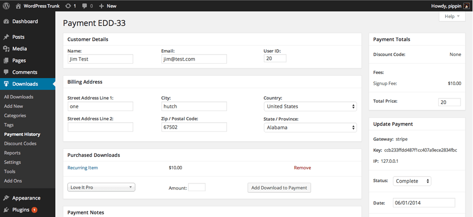 Customer Payment Detail in Easy Digital Download