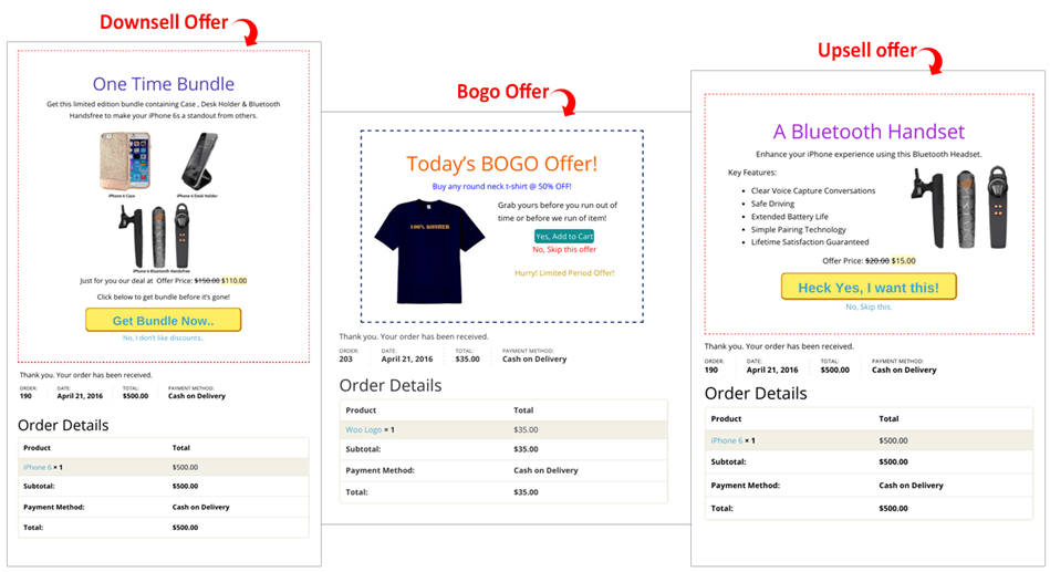 Downsell, Bogo, Upsell Offer WooCommerce Custom thank you Page Example