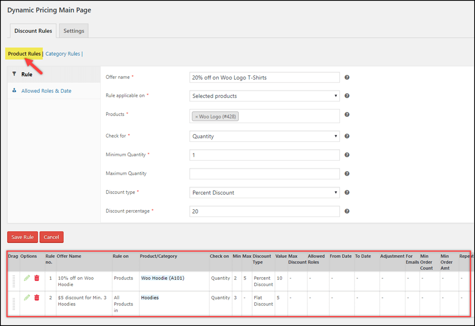 Dynamic Pricing Main Page Product Rule Screenshot