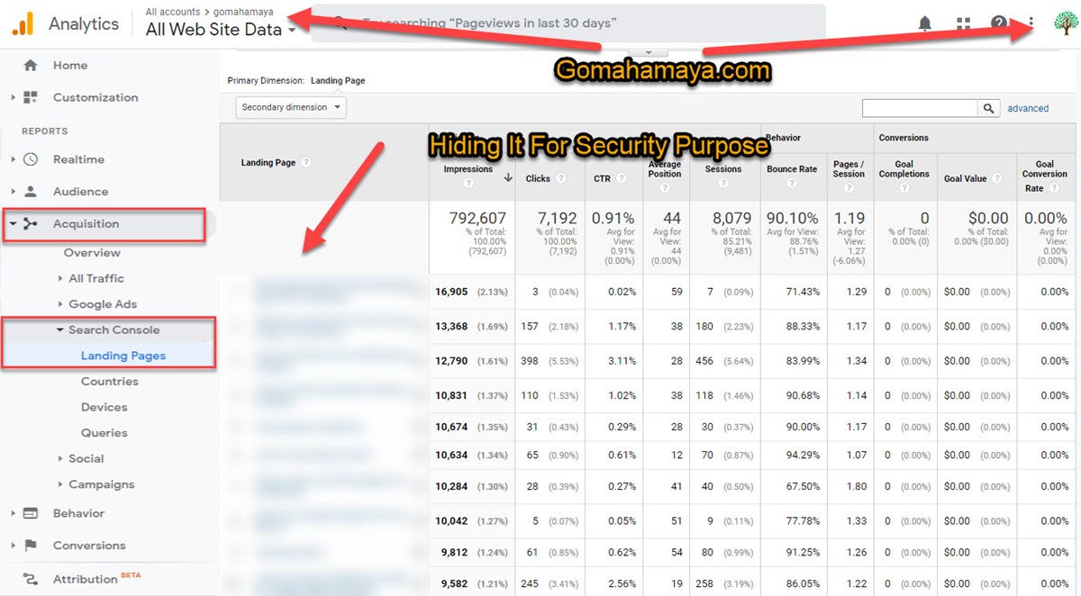 Google analytics home acquisitions search console for landing pages