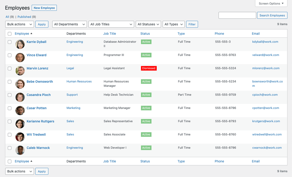 Manage Employee Dashboard in WordPress