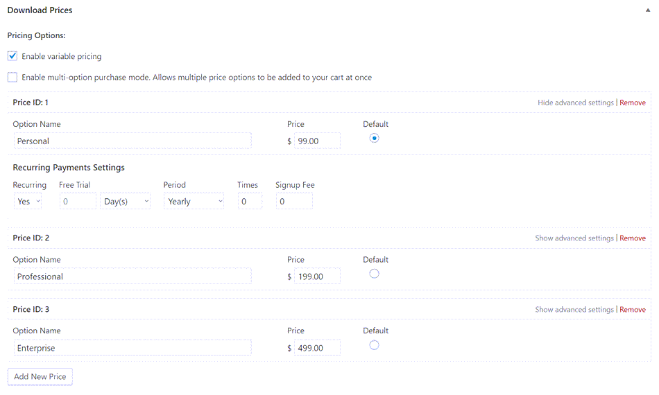 Recurring Payments Variable Pricing Settings