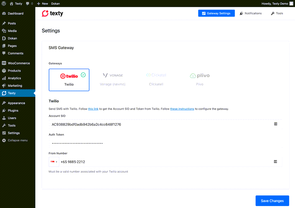 SMS Gateway Texty Setting