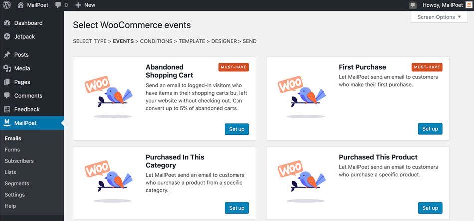 Select Woocommerce Events In MailPoet Such As Abandoned Cart