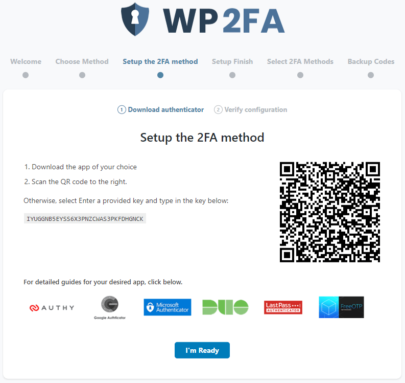 Setup The WP 2FA Method Screenshot