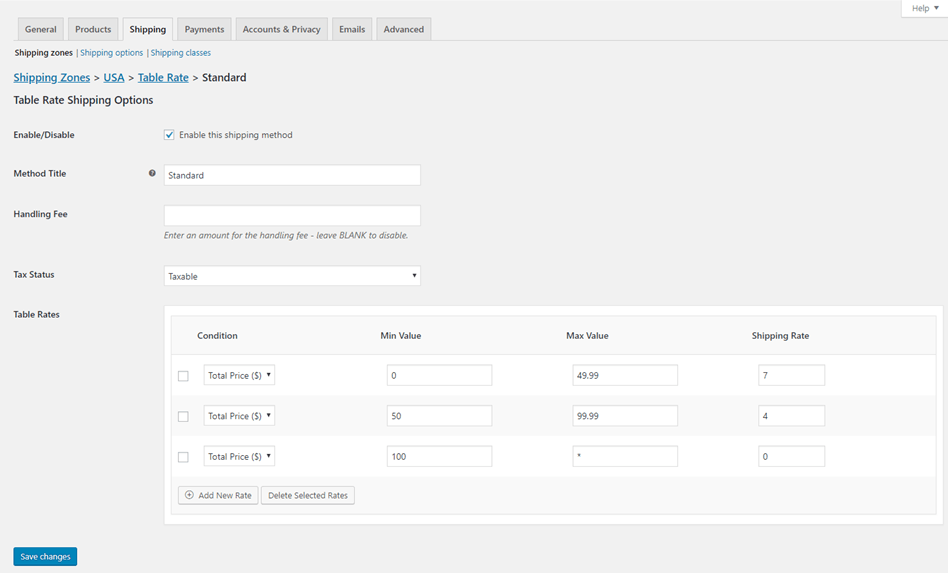 Table Rate Shipping Option Setting