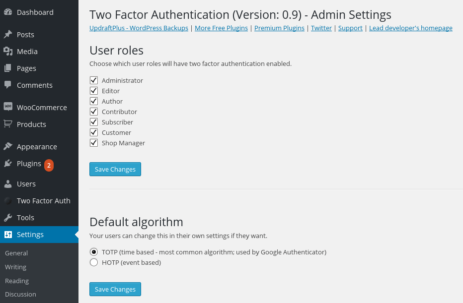 Two Factor Authentication Admin Setting