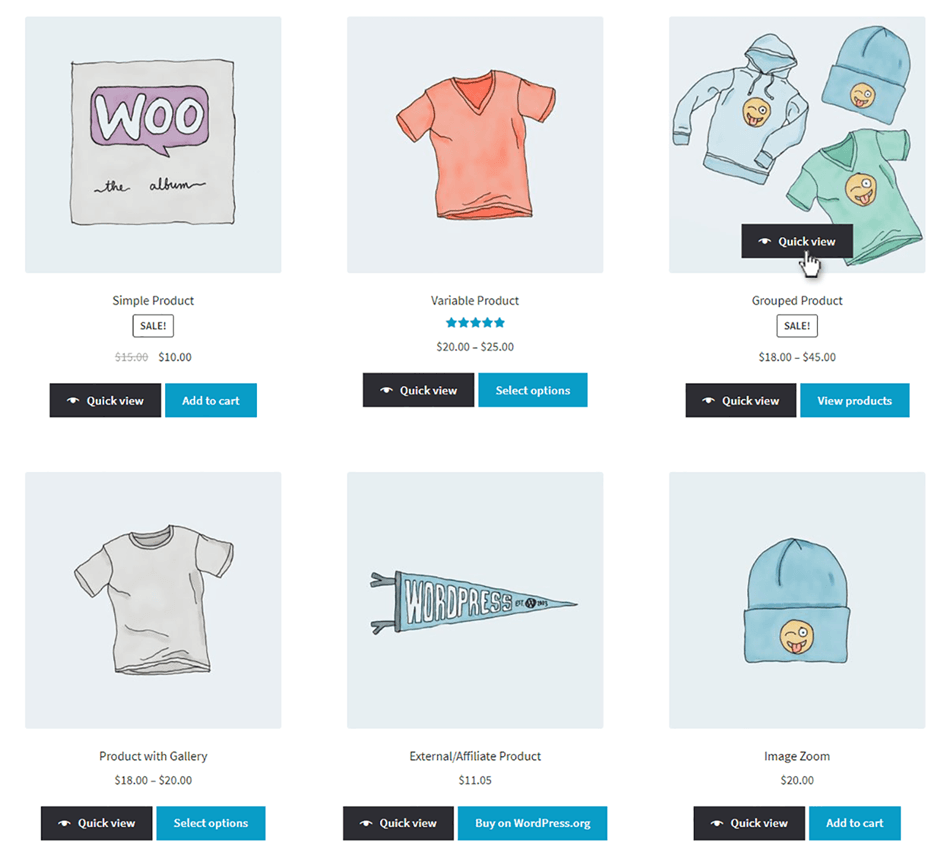 WooCommerce Add Quick View buttons links and hover effects to the shop and category pages