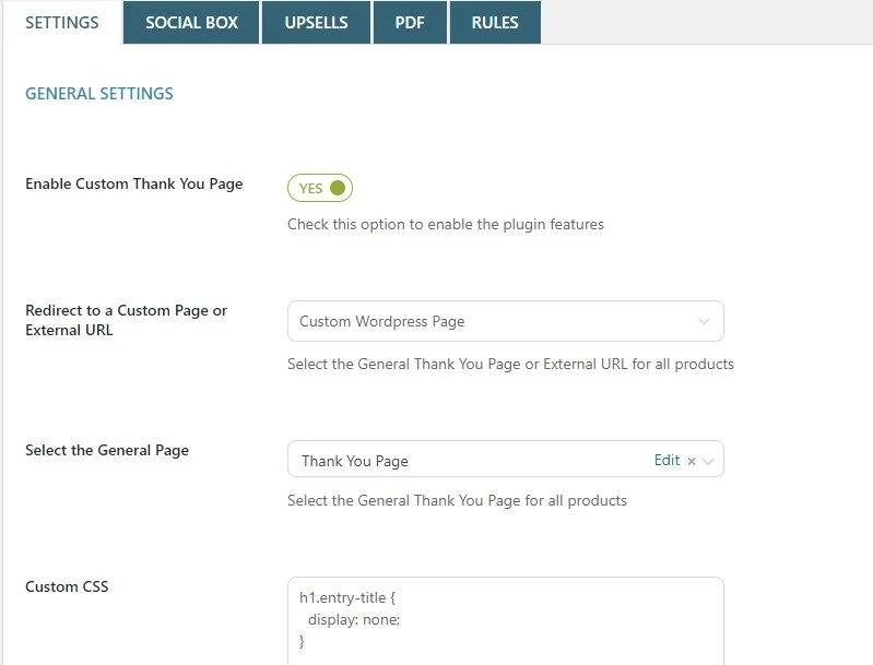 WooCommerce Custom Thank You Page General settings
