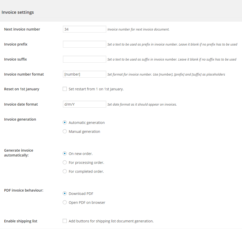 WooCommerce Invoice Setting