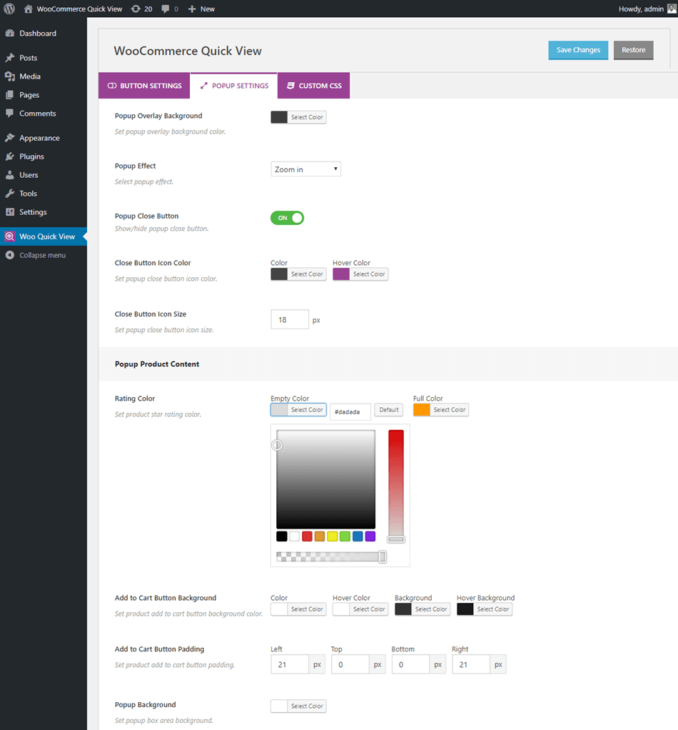 WooCommerce Quick View Popup Setting