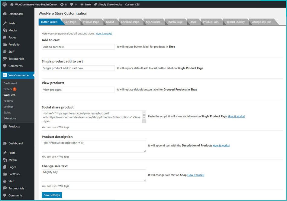 WooHero store Customization Button Labels Settion