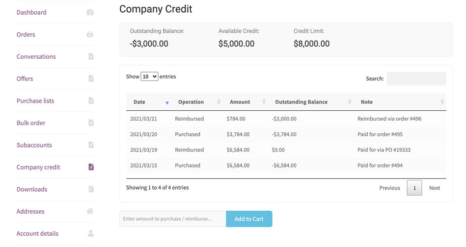 Woocommerce Company Credit Balance Screenshot