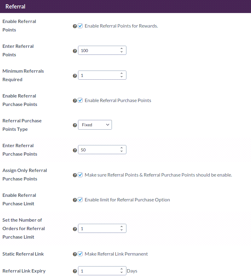 Woocommerce Point Reward Referral setting