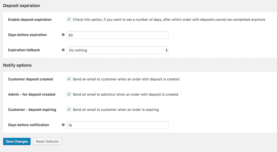 Woocommerce partial Payment Deposite Expiration General settings