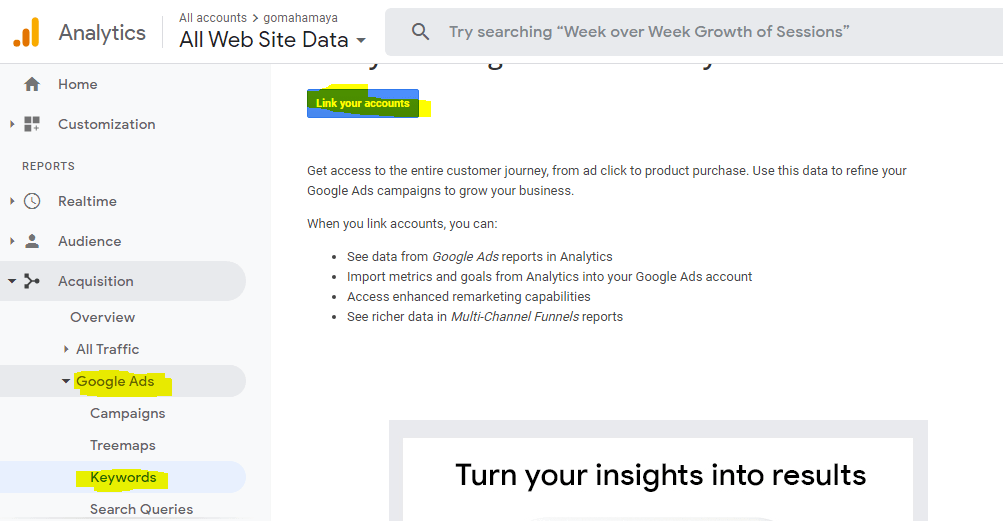link your google ads account for paid keywords