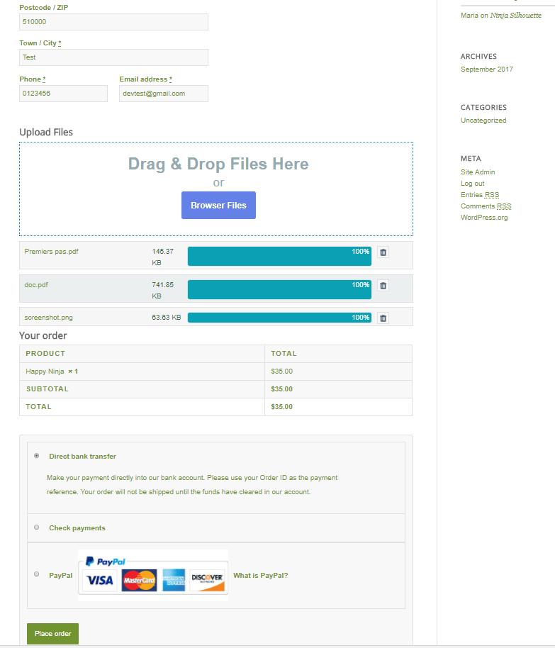 woocommerce checkout drag and drop files upload