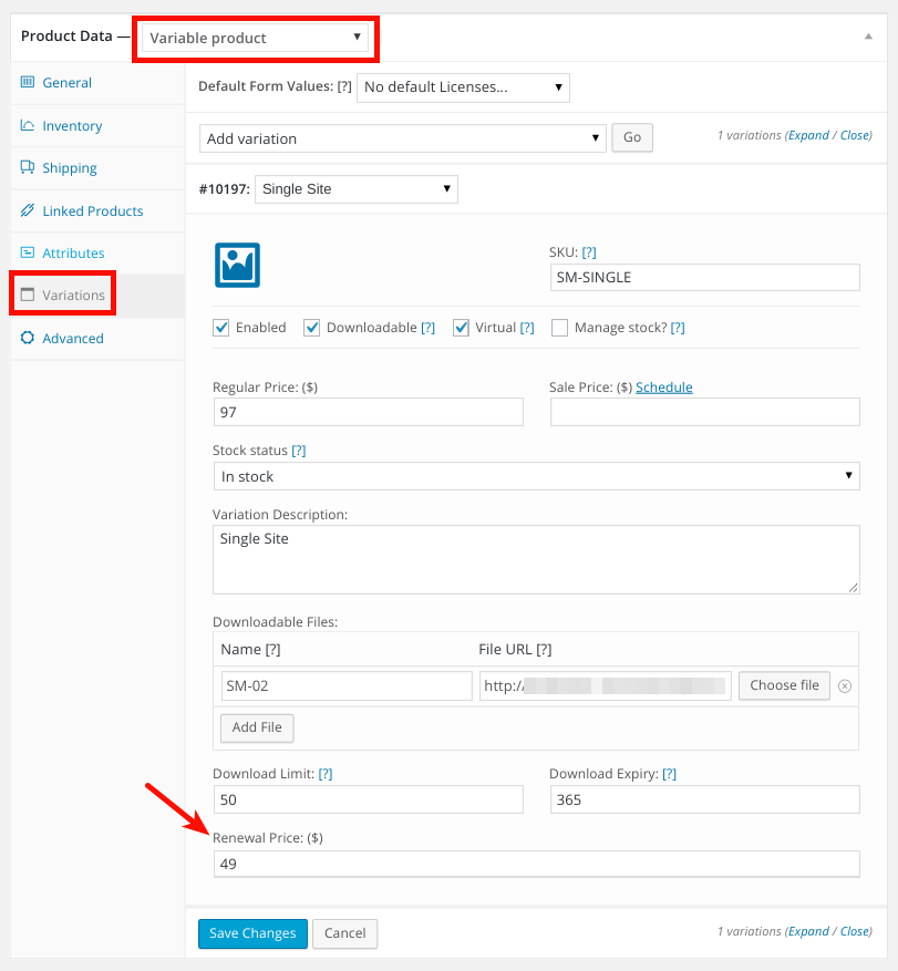 woocommerce variable product renewal price