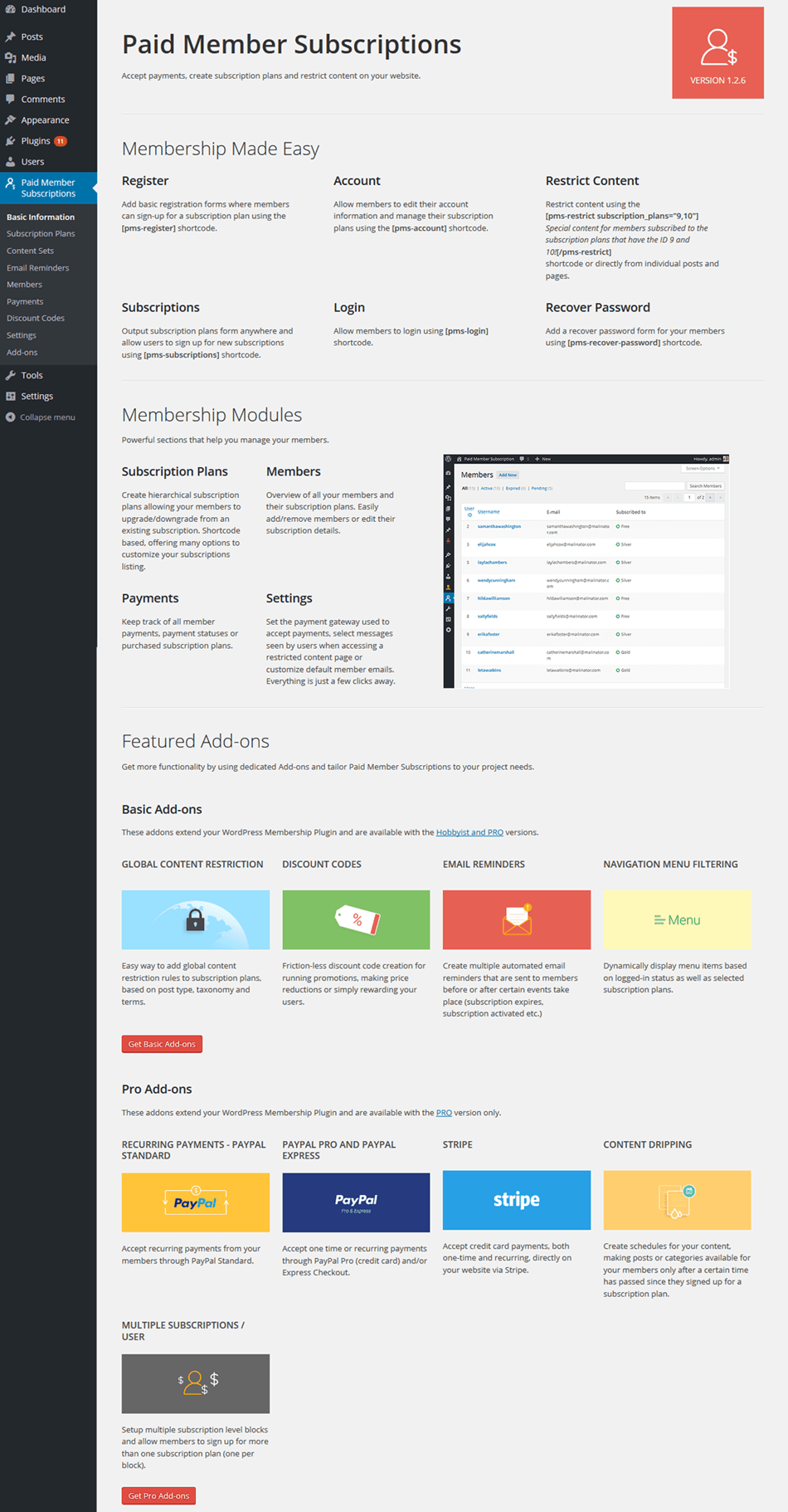 Basic Information Page For Paid Member Subscription Membership Plugin
