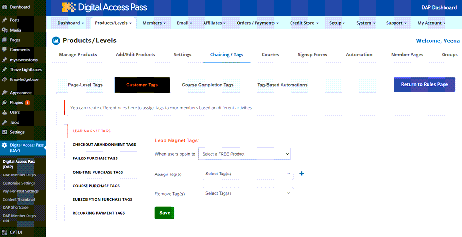 Digital Access Pass Customer tags Setting