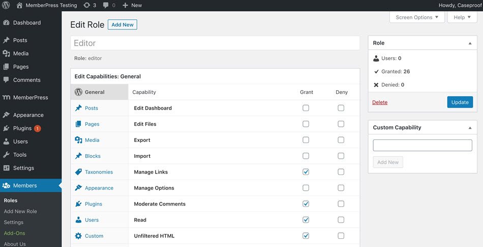 Edit Role Capabilities General Setting