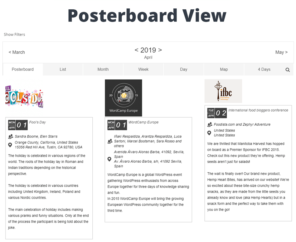Posterboard View WordPress Event Calendar Screenshot